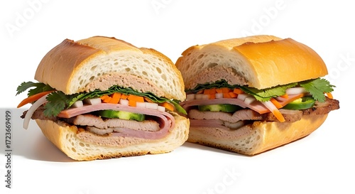 Two delicious Vietnamese Banh Mi sandwiches filled with meat, vegetables, and herbs on a white background.