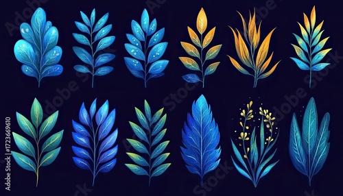 Illustration of colorful leaf elements on black background. Great for nature themes, backgrounds, or artistic designs.