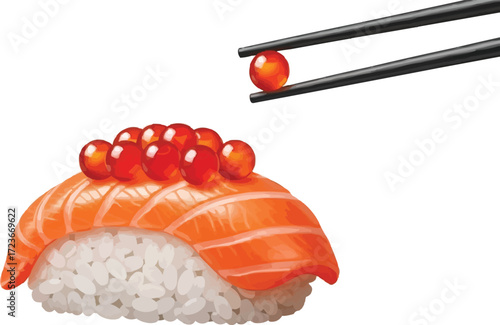 Delicious salmon sushi with caviar and chopsticks