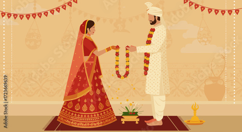 Bride and groom exchanging floral garlands in traditional Indian wedding background  