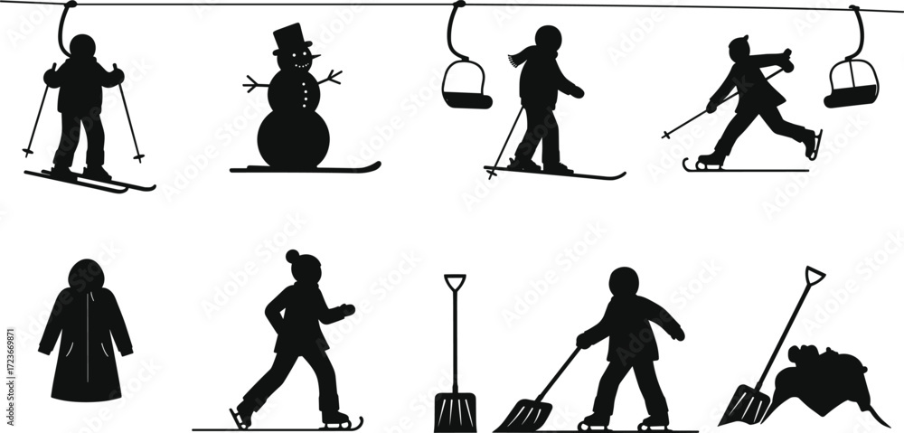 Obraz premium Winter activity silhouette illustration, skiing, snow shoveling, ski lift, snowman, winter clothing, black and white, seasonal chores, outdoor recreation, cold weather