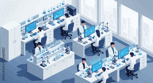 Isometric view of a modern scientific laboratory with scientists working at computers and microscopes.