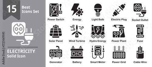 Electricity Icon set. Including energy, power, voltage, current, circuit and more. Solid vector icons collection.