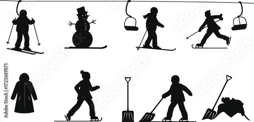 Winter activity silhouette illustration, skiing, snow shoveling, ski lift, snowman, winter clothing, black and white, seasonal chores, outdoor recreation, cold weather