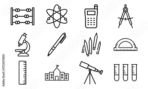 Education and Science Icon Set – School Supplies, Mathematics Tools, Laboratory Equipment, and Learning Symbols in Outline Style on White Background