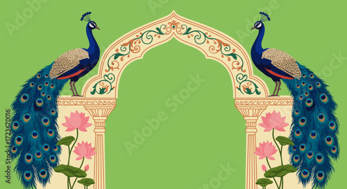 Decorative arch with peacocks and lotus flowers symbolizing Indian holiday  