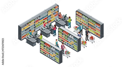 Isometric view of a supermarket interior with shoppers and staff.