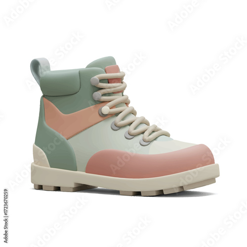 Pastel colored hiking boot sits on a white surface, showcasing its unique design and sporty style, perfect for outdoor adventures and fashionforward individuals.