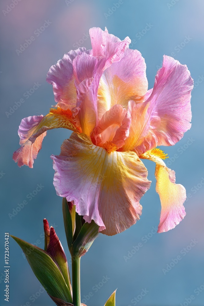 Fototapeta premium Close-up of a vibrant, pastel pink and peach iris