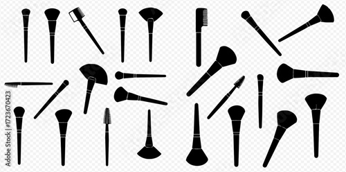 A collection of various makeup brush silhouettes arranged on a white background.
