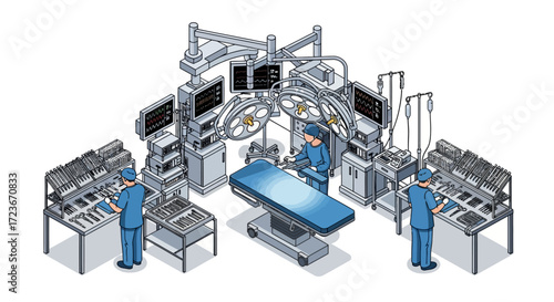 Isometric view of a Surgical operating room with medical equipment and personnel.