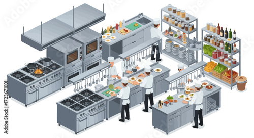 Isometric view of a large commercial kitchen with chefs preparing food.
