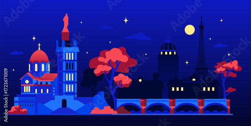 France at night - colorful flat design style illustration
