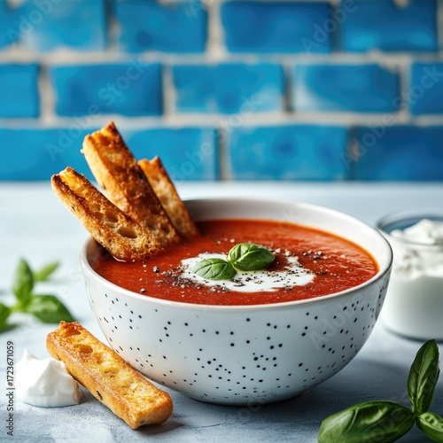 Bowl of vibrant tomato soup, garnished with toasted croutons and fresh basil