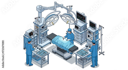 Isometric illustration of a modern surgical operating room with surgeons and medical equipment.