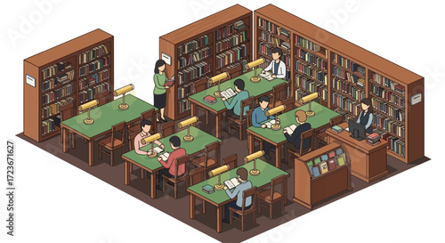 Isometric illustration of a classic library interior with people reading and a librarian at the counter.