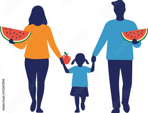 Cheerful illustration of a healthy family, with parents holding watermelon and child holding an apple, symbolizing nutritious eating and a wholesome lifestyle