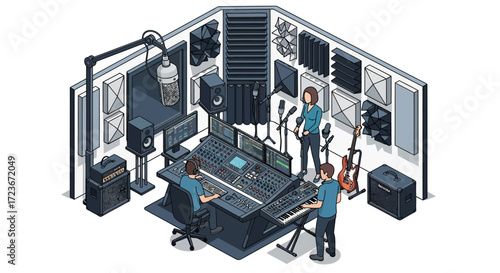 Isometric view of a Professional recording studio with engineers and musicians.