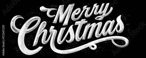 Vintage calligraphy lettering “Merry Christmas” on black background. Retro banner with festive text in chalk board style. Winter composition with text. Concept for Christmas, New Year, winter holidays