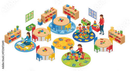 Isometric illustration of a preschool classroom with teachers and children engaged in learning activities.