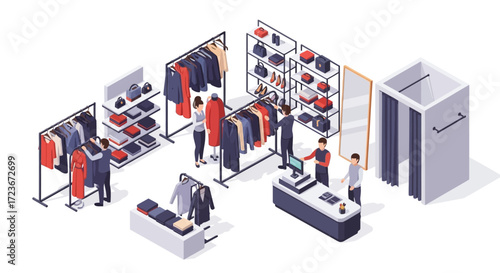 Isometric view of a clothing store interior with customers and staff.