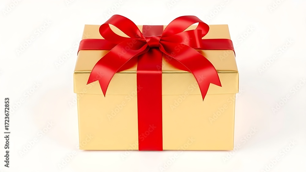 Fototapeta premium A luxurious gold gift box with a red ribbon, elegantly presented on a clean white background.