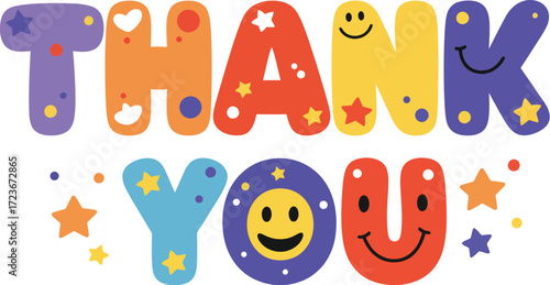 Cheerful and Playful Thank You Lettering with Smiley Faces Illustration