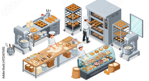 Isometric view of a busy bakery with bakers preparing and displaying bread and pastries.
