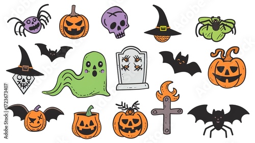 Cartoon-Style Halloween Elements Collection: Green Ghost, Witch Hat, Jack-o’-lanterns, Purple Bat, Cute Skull, Festive Flat Colors, White Background