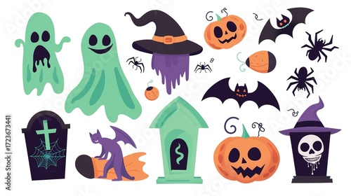 Cartoon-Style Halloween Elements Collection: Green Ghost, Witch Hat, Jack-o’-lanterns, Purple Bat, Cute Skull, Festive Flat Colors, White Background