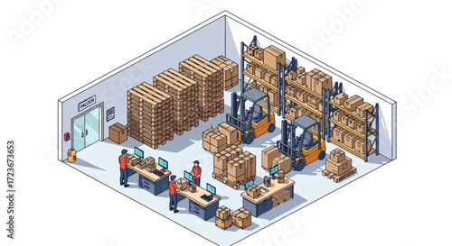 Isometric illustration of a busy warehouse with workers, forklifts, and packaged goods.