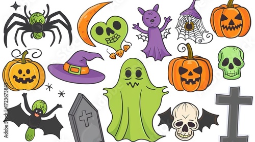 Cartoon-Style Halloween Elements Collection: Green Ghost, Witch Hat, Jack-o’-lanterns, Purple Bat, Cute Skull, Festive Flat Colors, White Background