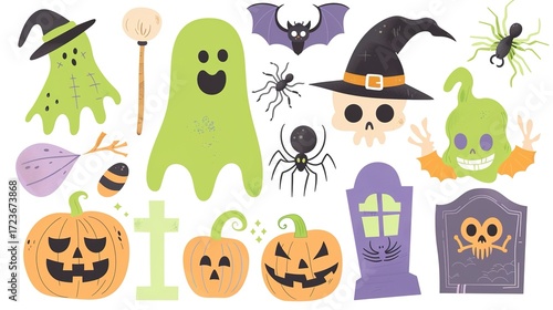 Cartoon-Style Halloween Elements Collection: Green Ghost, Witch Hat, Jack-o’-lanterns, Purple Bat, Cute Skull, Festive Flat Colors, White Background