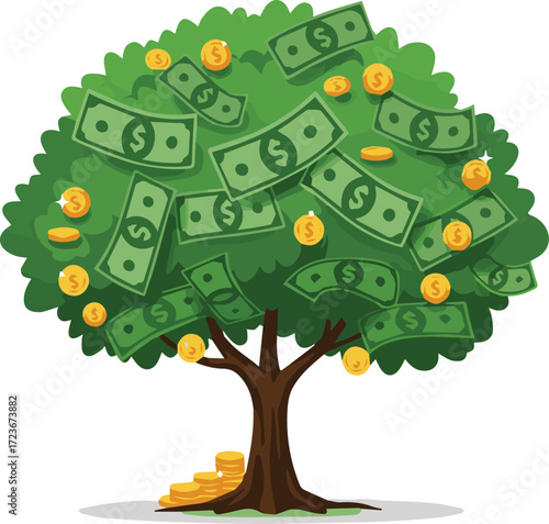 Financial Growth A vibrant depiction of a money tree flourishing with cash and coins, symbolizing prosperity