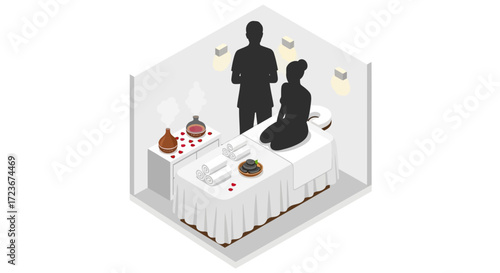 Isometric view of a Spa room setup with therapist and client.