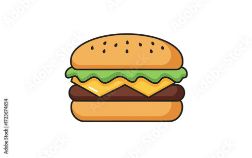 A cartoon illustration of a cheeseburger with sesame seed bun, lettuce, cheese, and a patty.