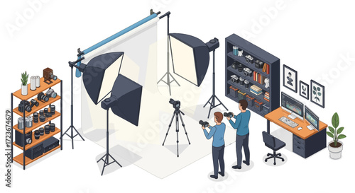 Isometric view of a Professional photography studio with two photographers and equipment.