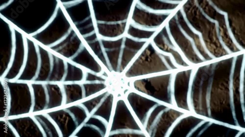 Spooky zoom-in animation of a glowing spiderweb on a dark textured background for halloween
