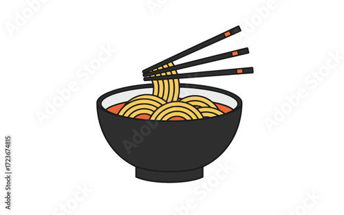A black bowl filled with noodles and broth, with chopsticks picking up the noodles.