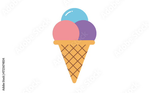 Three-scoop ice cream cone with light blue, pink, and purple ice cream flavors.