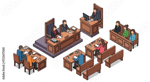 Isometric illustration of a courtroom scene with judge, jury, lawyers, and defendants.