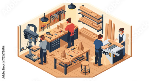 Isometric view of a woodworking shop with people working.