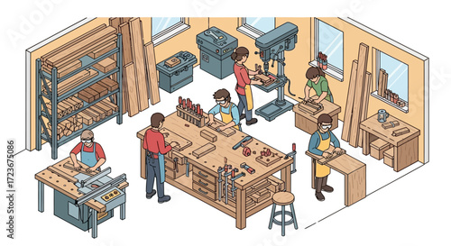 Isometric view of a woodworking shop with multiple people working on various projects.