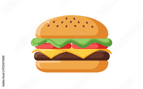 Cartoon style hamburger with cheese, lettuce, and tomato on a sesame seed bun, isolated on white.