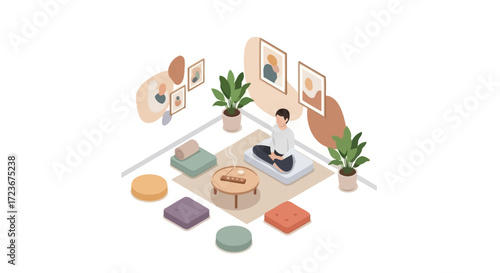 Isometric view of a Person meditating in a minimalist, plant-filled room.