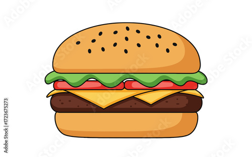 A delicious-looking hamburger with a sesame seed bun, lettuce, tomato, cheese, and a beef patty.