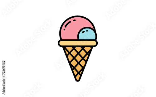Ice cream cone with pink and blue scoops.