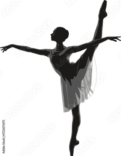 Silhouette of ballet dancer in arabesque penchée pose with flowing dress, elegant balance, classical motion, vector on white background