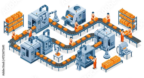 Isometric view of  an Automated Bread Production Line in Factory.