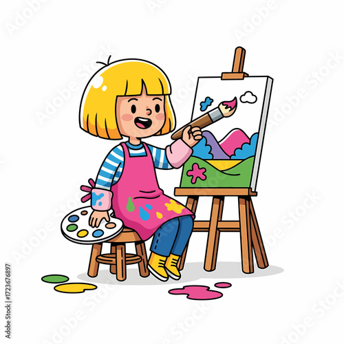 Cartoon Artist Girl Painting Landscape on Easel with Palette and Paint Splatters.
